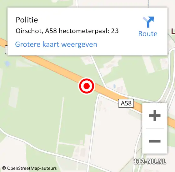 Locatie op kaart van de 112 melding: Politie Oirschot, A58 hectometerpaal: 23 op 26 februari 2022 19:38