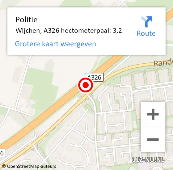 Locatie op kaart van de 112 melding: Politie Wijchen, A326 hectometerpaal: 3,2 op 26 februari 2022 19:38