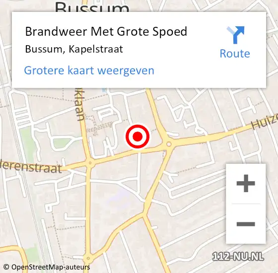 Locatie op kaart van de 112 melding: Brandweer Met Grote Spoed Naar Bussum, Kapelstraat op 26 februari 2022 20:08