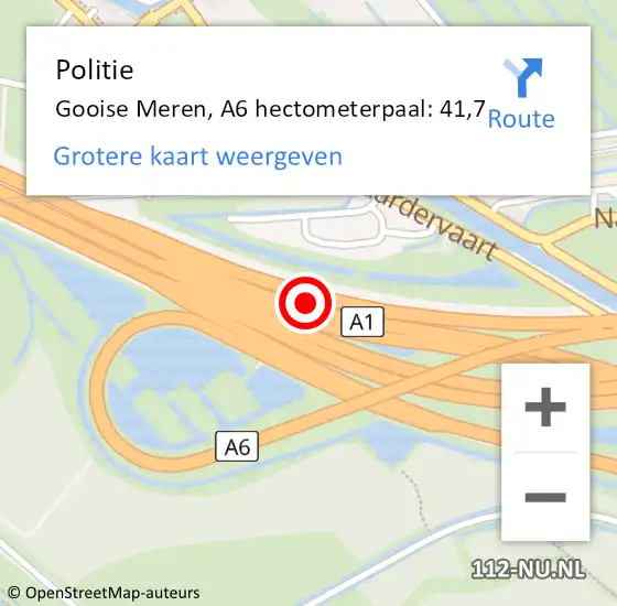 Locatie op kaart van de 112 melding: Politie Gooise Meren, A6 hectometerpaal: 41,7 op 26 februari 2022 23:26