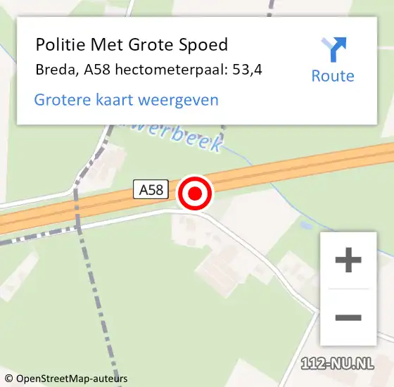 Locatie op kaart van de 112 melding: Politie Met Grote Spoed Naar Breda, A58 hectometerpaal: 53,4 op 27 februari 2022 02:01