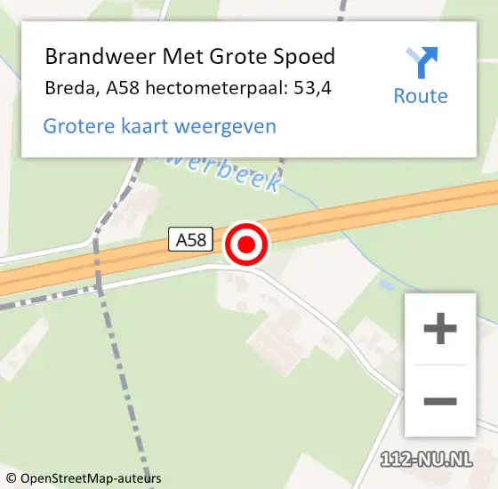 Locatie op kaart van de 112 melding: Brandweer Met Grote Spoed Naar Breda, A58 hectometerpaal: 53,4 op 27 februari 2022 02:01