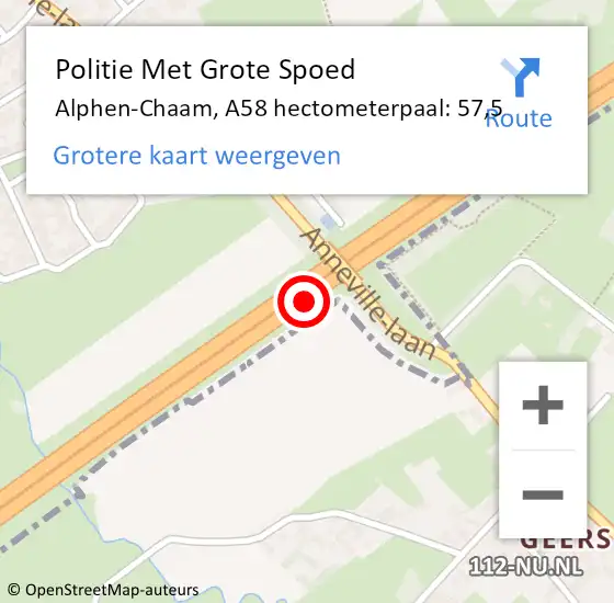 Locatie op kaart van de 112 melding: Politie Met Grote Spoed Naar Alphen-Chaam, A58 hectometerpaal: 57,5 op 27 februari 2022 02:03