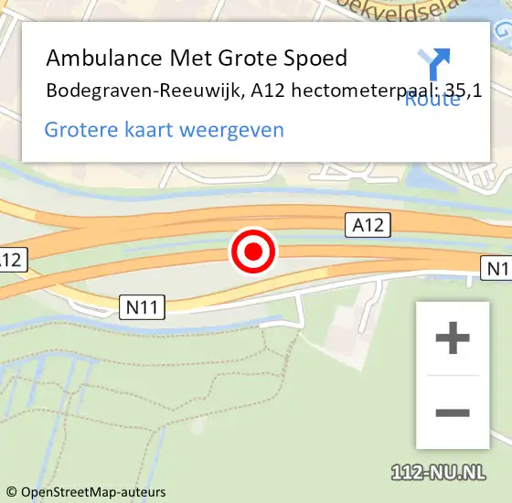 Locatie op kaart van de 112 melding: Ambulance Met Grote Spoed Naar Bodegraven-Reeuwijk, A12 hectometerpaal: 35,1 op 27 februari 2022 11:17