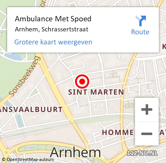 Locatie op kaart van de 112 melding: Ambulance Met Spoed Naar Arnhem, Schrassertstraat op 27 februari 2022 11:19