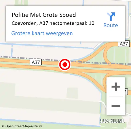 Locatie op kaart van de 112 melding: Politie Met Grote Spoed Naar Coevorden, A37 hectometerpaal: 10 op 27 februari 2022 11:37
