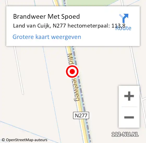 Locatie op kaart van de 112 melding: Brandweer Met Spoed Naar Land van Cuijk, N277 hectometerpaal: 113,8 op 27 februari 2022 16:44