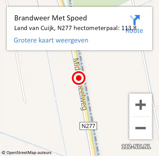 Locatie op kaart van de 112 melding: Brandweer Met Spoed Naar Land van Cuijk, N277 hectometerpaal: 113,8 op 27 februari 2022 17:00