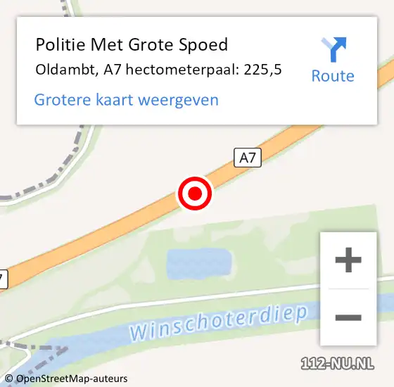Locatie op kaart van de 112 melding: Politie Met Grote Spoed Naar Oldambt, A7 hectometerpaal: 225,5 op 27 februari 2022 18:24