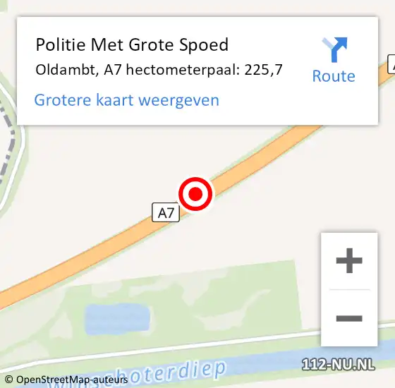 Locatie op kaart van de 112 melding: Politie Met Grote Spoed Naar Oldambt, A7 hectometerpaal: 225,7 op 27 februari 2022 18:25