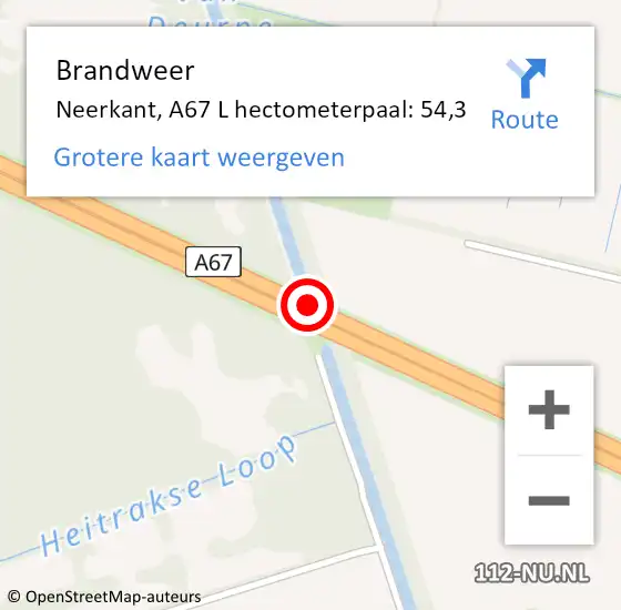 Locatie op kaart van de 112 melding: Brandweer Neerkant, A67 L hectometerpaal: 54,3 op 9 juli 2014 18:48