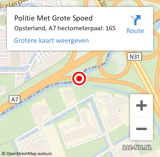 Locatie op kaart van de 112 melding: Politie Met Grote Spoed Naar Opsterland, A7 hectometerpaal: 165 op 27 februari 2022 20:04