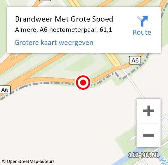 Locatie op kaart van de 112 melding: Brandweer Met Grote Spoed Naar Almere, A6 hectometerpaal: 61,1 op 27 februari 2022 20:35