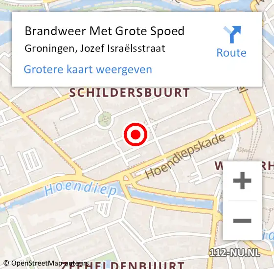 Locatie op kaart van de 112 melding: Brandweer Met Grote Spoed Naar Groningen, Jozef Israëlsstraat op 27 februari 2022 21:06