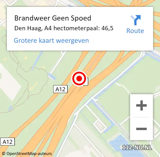 Locatie op kaart van de 112 melding: Brandweer Geen Spoed Naar Den Haag, A4 hectometerpaal: 46,5 op 28 februari 2022 00:02