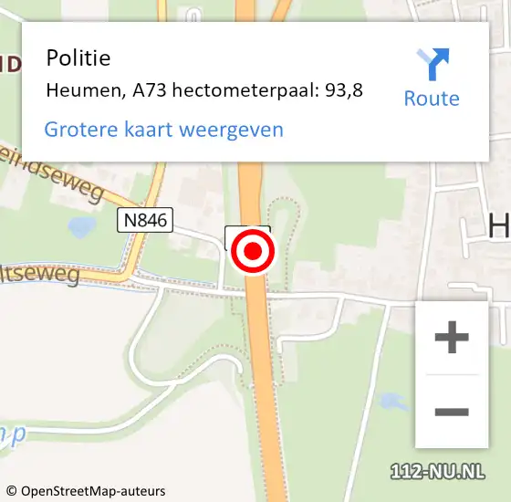 Locatie op kaart van de 112 melding: Politie Heumen, A73 hectometerpaal: 93,8 op 28 februari 2022 05:24