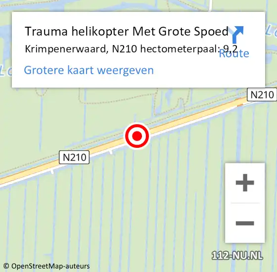 Locatie op kaart van de 112 melding: Trauma helikopter Met Grote Spoed Naar Krimpenerwaard, N210 hectometerpaal: 9,2 op 28 februari 2022 06:59