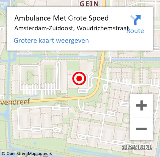 Locatie op kaart van de 112 melding: Ambulance Met Grote Spoed Naar Amsterdam-Zuidoost, Woudrichemstraat op 28 februari 2022 08:20