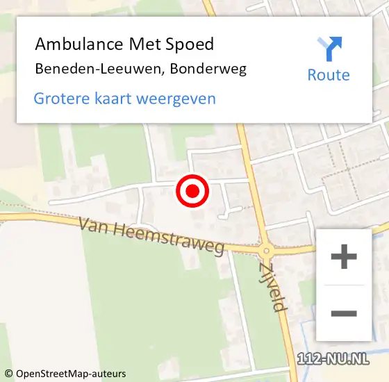 Locatie op kaart van de 112 melding: Ambulance Met Spoed Naar Beneden-Leeuwen, Bonderweg op 28 februari 2022 09:48