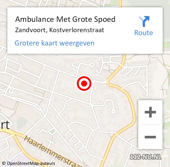 Locatie op kaart van de 112 melding: Ambulance Met Grote Spoed Naar Zandvoort, Kostverlorenstraat op 28 februari 2022 12:36