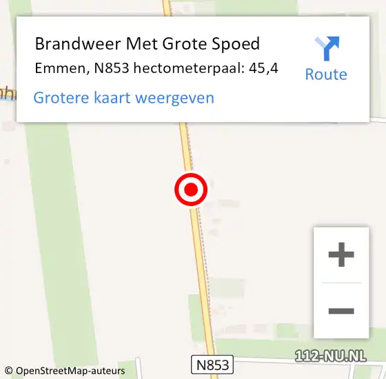 Locatie op kaart van de 112 melding: Brandweer Met Grote Spoed Naar Emmen, N853 hectometerpaal: 45,4 op 28 februari 2022 14:34