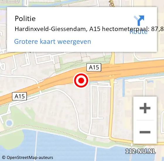 Locatie op kaart van de 112 melding: Politie Hardinxveld-Giessendam, A15 hectometerpaal: 87,8 op 28 februari 2022 15:36