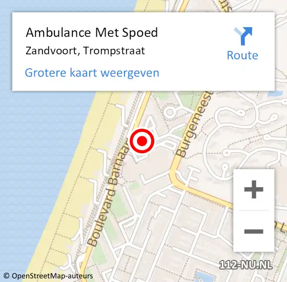 Locatie op kaart van de 112 melding: Ambulance Met Spoed Naar Zandvoort, Trompstraat op 28 februari 2022 15:42