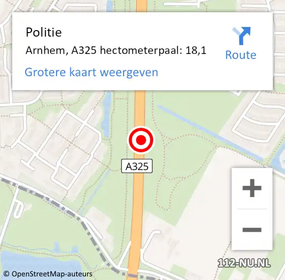 Locatie op kaart van de 112 melding: Politie Arnhem, A325 hectometerpaal: 18,1 op 28 februari 2022 21:24