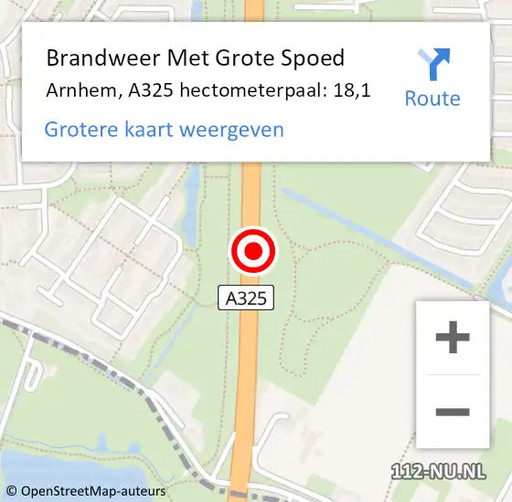 Locatie op kaart van de 112 melding: Brandweer Met Grote Spoed Naar Arnhem, A325 hectometerpaal: 18,1 op 28 februari 2022 21:24