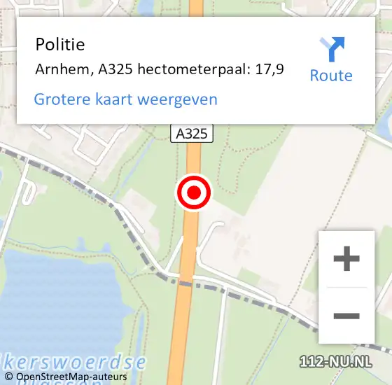 Locatie op kaart van de 112 melding: Politie Arnhem, A325 hectometerpaal: 17,9 op 28 februari 2022 21:26