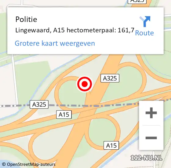 Locatie op kaart van de 112 melding: Politie Lingewaard, A15 hectometerpaal: 161,7 op 1 maart 2022 08:27