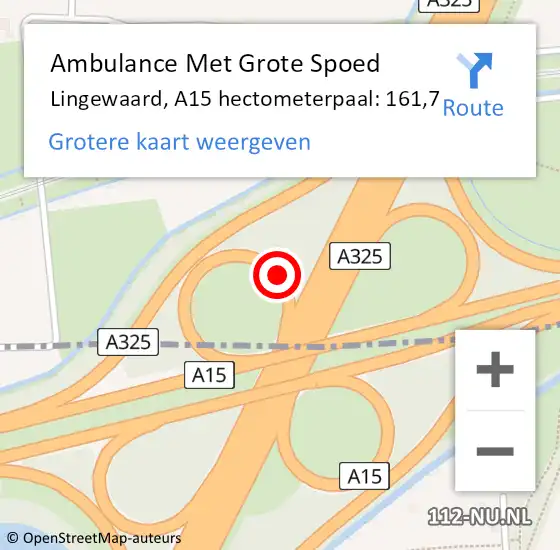 Locatie op kaart van de 112 melding: Ambulance Met Grote Spoed Naar Lingewaard, A15 hectometerpaal: 161,7 op 1 maart 2022 08:29