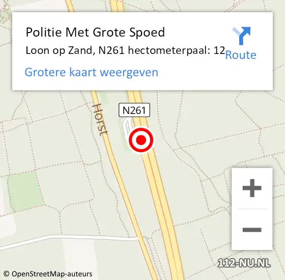 Locatie op kaart van de 112 melding: Politie Met Grote Spoed Naar Loon op Zand, N261 hectometerpaal: 12 op 1 maart 2022 08:35