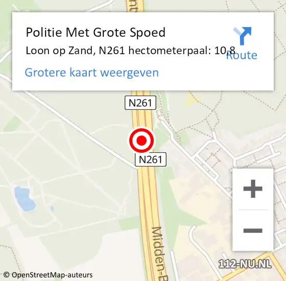 Locatie op kaart van de 112 melding: Politie Met Grote Spoed Naar Loon op Zand, N261 hectometerpaal: 10,8 op 1 maart 2022 08:37