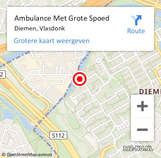 Locatie op kaart van de 112 melding: Ambulance Met Grote Spoed Naar Diemen, Vlasdonk op 1 maart 2022 10:38