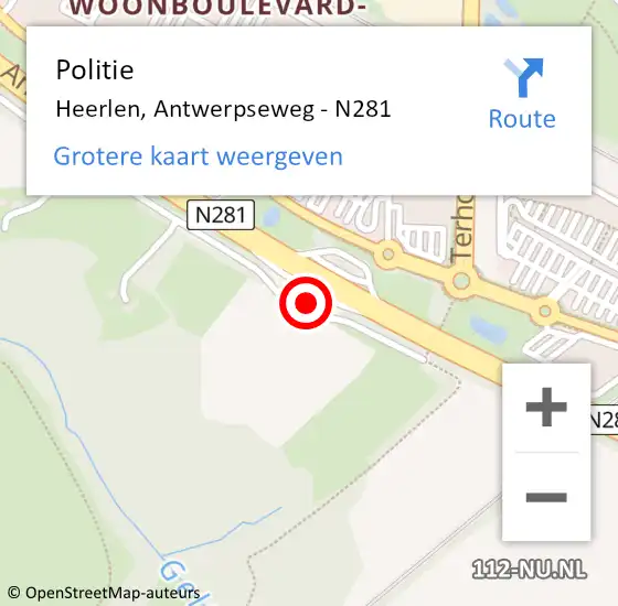 Locatie op kaart van de 112 melding: Politie Heerlen, Antwerpseweg - N281 op 1 maart 2022 13:03