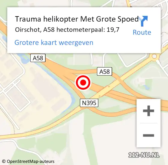 Locatie op kaart van de 112 melding: Trauma helikopter Met Grote Spoed Naar Oirschot, A58 hectometerpaal: 19,7 op 1 maart 2022 14:28