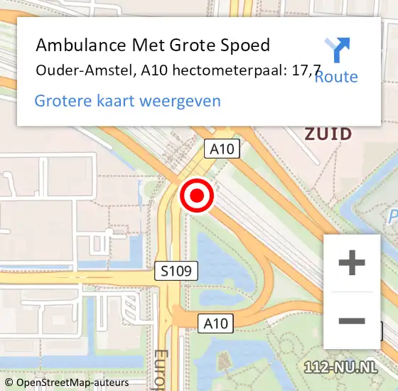 Locatie op kaart van de 112 melding: Ambulance Met Grote Spoed Naar Amsterdam, A10 hectometerpaal: 17,7 op 1 maart 2022 15:00
