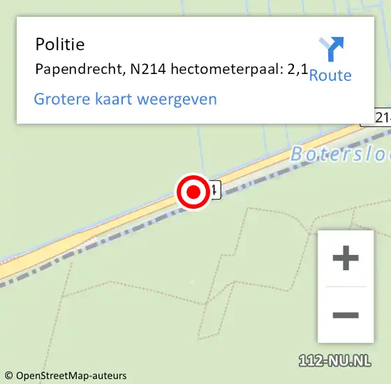 Locatie op kaart van de 112 melding: Politie Papendrecht, N214 hectometerpaal: 2,1 op 1 maart 2022 15:08