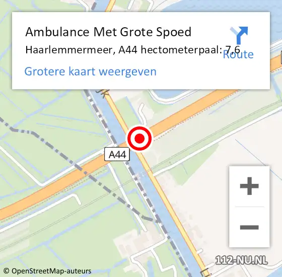 Locatie op kaart van de 112 melding: Ambulance Met Grote Spoed Naar Haarlemmermeer, A44 hectometerpaal: 7,6 op 1 maart 2022 15:17