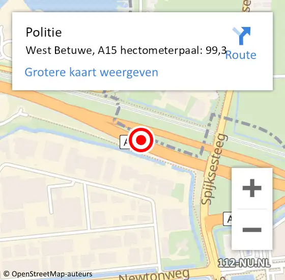 Locatie op kaart van de 112 melding: Politie West Betuwe, A15 hectometerpaal: 99,3 op 1 maart 2022 18:39