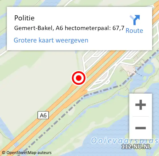 Locatie op kaart van de 112 melding: Politie Gemert-Bakel, A6 hectometerpaal: 67,7 op 1 maart 2022 19:08