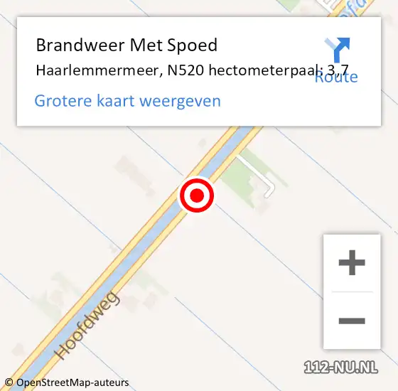 Locatie op kaart van de 112 melding: Brandweer Met Spoed Naar Haarlemmermeer, N520 hectometerpaal: 3,7 op 1 maart 2022 19:20