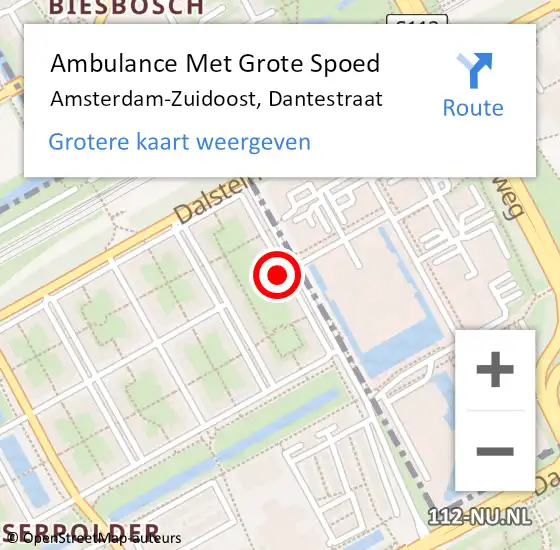 Locatie op kaart van de 112 melding: Ambulance Met Grote Spoed Naar Amsterdam-Zuidoost, Dantestraat op 1 maart 2022 20:08