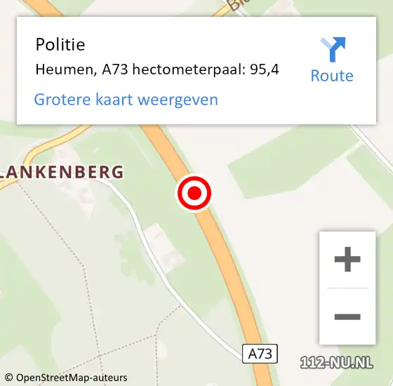 Locatie op kaart van de 112 melding: Politie Heumen, A73 hectometerpaal: 95,4 op 1 maart 2022 20:55