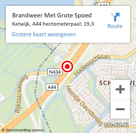 Locatie op kaart van de 112 melding: Brandweer Met Grote Spoed Naar Katwijk, A44 hectometerpaal: 19,3 op 2 maart 2022 05:18