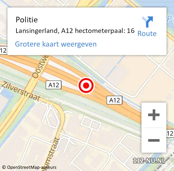 Locatie op kaart van de 112 melding: Politie Lansingerland, A12 hectometerpaal: 16 op 2 maart 2022 06:15