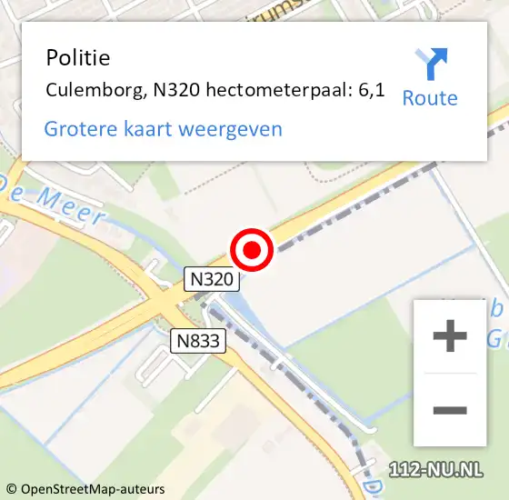 Locatie op kaart van de 112 melding: Politie Culemborg, N320 hectometerpaal: 6,1 op 2 maart 2022 07:40