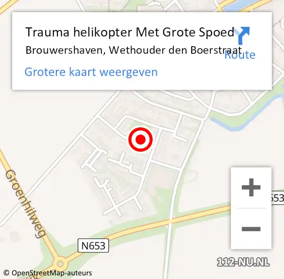 Locatie op kaart van de 112 melding: Trauma helikopter Met Grote Spoed Naar Brouwershaven, Wethouder den Boerstraat op 2 maart 2022 09:21