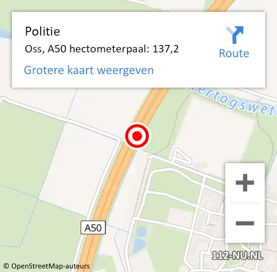 Locatie op kaart van de 112 melding: Politie Oss, A50 hectometerpaal: 137,2 op 2 maart 2022 11:25